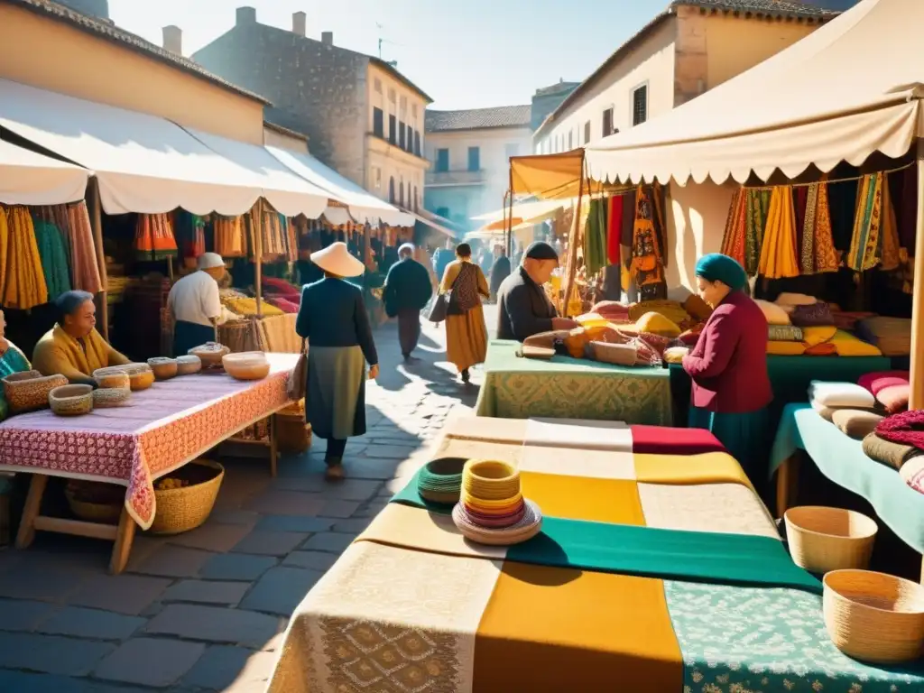 Patrones culturales en el comercio: Una bulliciosa feria llena de textiles coloridos y artesanías tradicionales, iluminada por cálida luz dorada