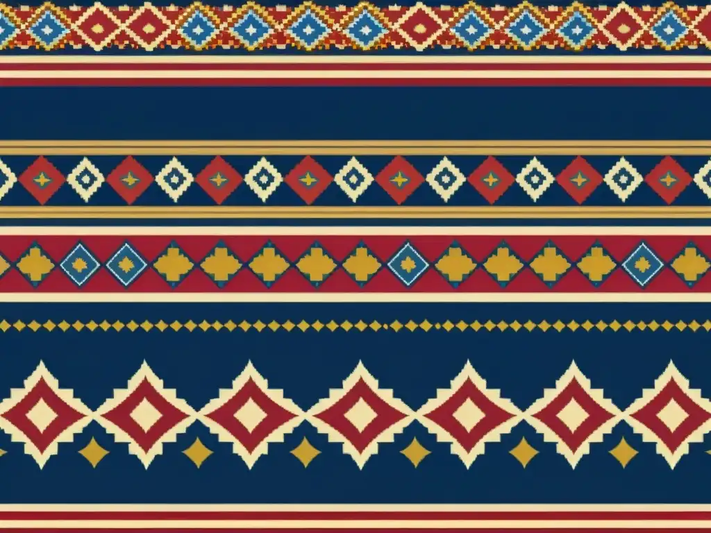 Patrones culturales en política pública: Intrincado diseño textil tradicional en tonos rojos, azules y dorados, representando la historia y la identidad de una comunidad con orgullo y resiliencia