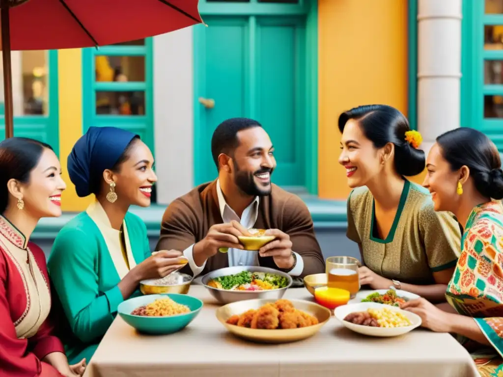 Encuentro multicultural en la ciudad Patrones culturales en publicidad: Anuncio vintage con diversidad cultural, calles coloridas y conexión humana en torno a una comida