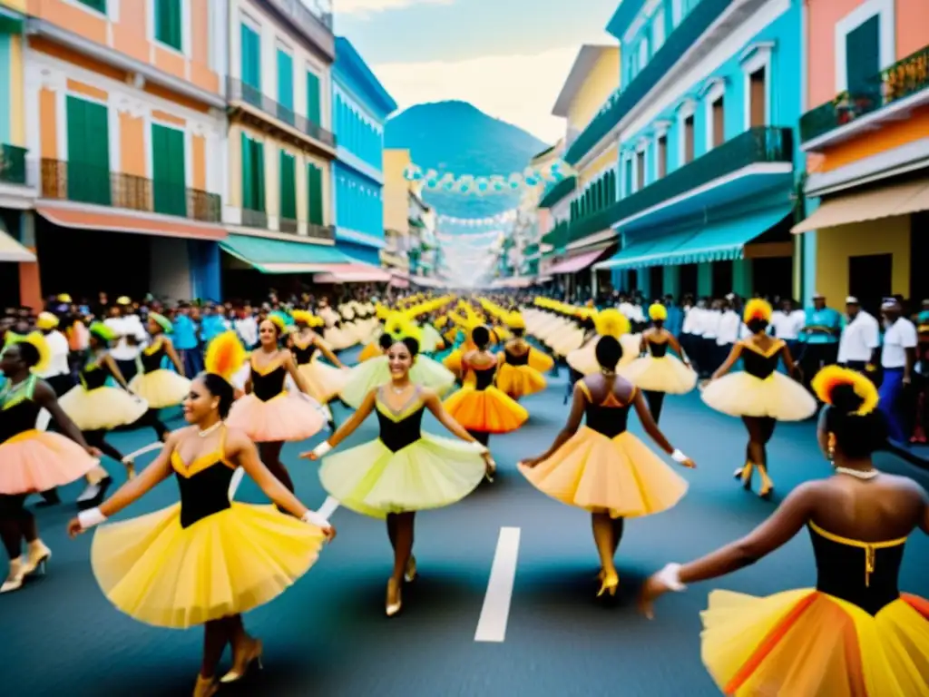 Patrones de danza en Río: Fotografía vintage de un bullicioso desfile en el Carnaval de Río, con bailarines en trajes coloridos creando un efecto caleidoscópico