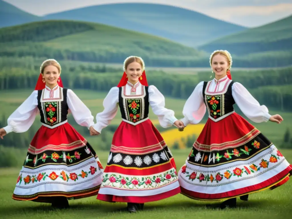 Patrones de danzas folclóricas rusas: Grupo de bailarines tradicionales ejecutan danza sincronizada en paisaje rural pintoresco