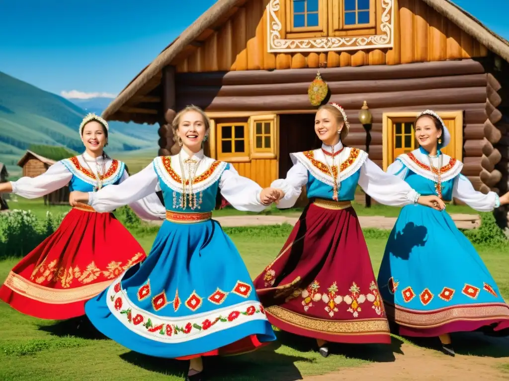 Patrones de danzas folclóricas rusas: Grupo de bailarines rusos en trajes tradicionales, girando con alegría en una aldea rústica