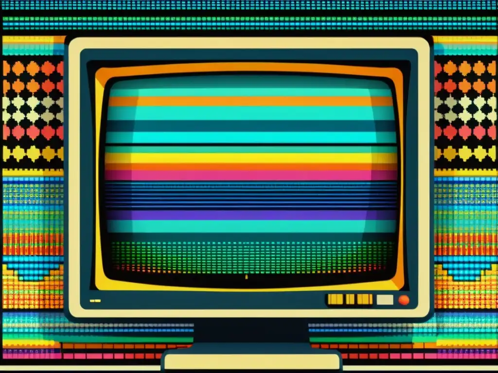 Patrón digital vintage: Expresión creativa y nostalgia Patrones digitales arte global: Detalle de un monitor vintage mostrando un complejo patrón digital pixelado con colores vibrantes y formas geométricas