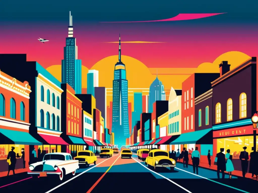 Skyline urbano: mezcla de tradición y modernidad Patrones digitales arte global: Ilustración vintage de una bulliciosa ciudad, con rascacielos, calles empedradas y puestos de mercado