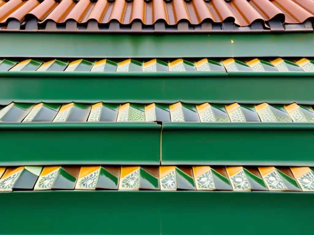 Patrón vintage de azulejos en tejado verde: belleza natural Patrones de diseño para techos verdes: Intrincado mosaico de azulejos vintage en tonos verdes y marrones, bañados por cálido sol