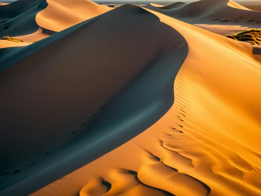 Patrones en las dunas de arena: Fotografía vintage de dunas esculpidas por el viento, con texturas nítidas y cálida luz dorada al atardecer