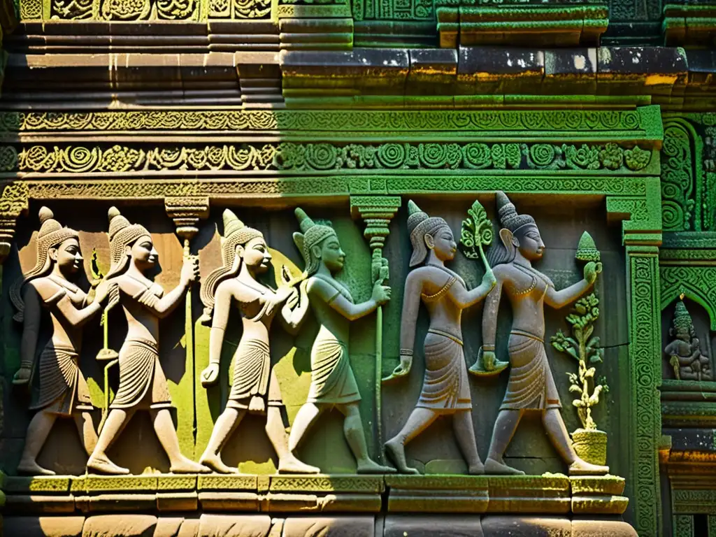 Patrones escultóricos adornan las paredes del antiguo templo de Angkor Wat, resaltando la influencia religiosa en su arte