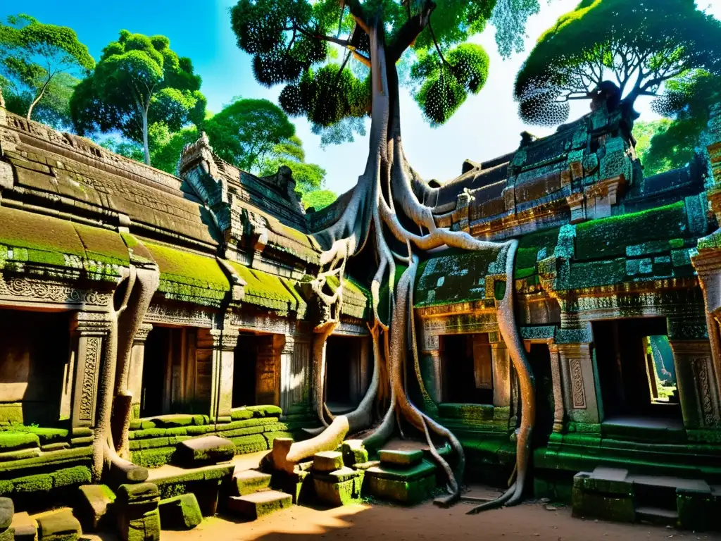 Patrones escultóricos templos Angkor: templo antiguo de Ta Prohm con árboles y vegetación, luz filtrada entre la frondosidad y ruinas de piedra