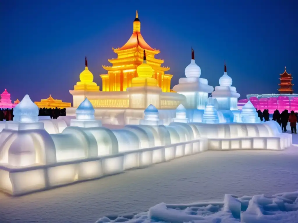 Patrones esculturales en el Festival de Harbin: Esculturas de hielo iluminadas en la nieve, con detalles delicados y un brillo etéreo