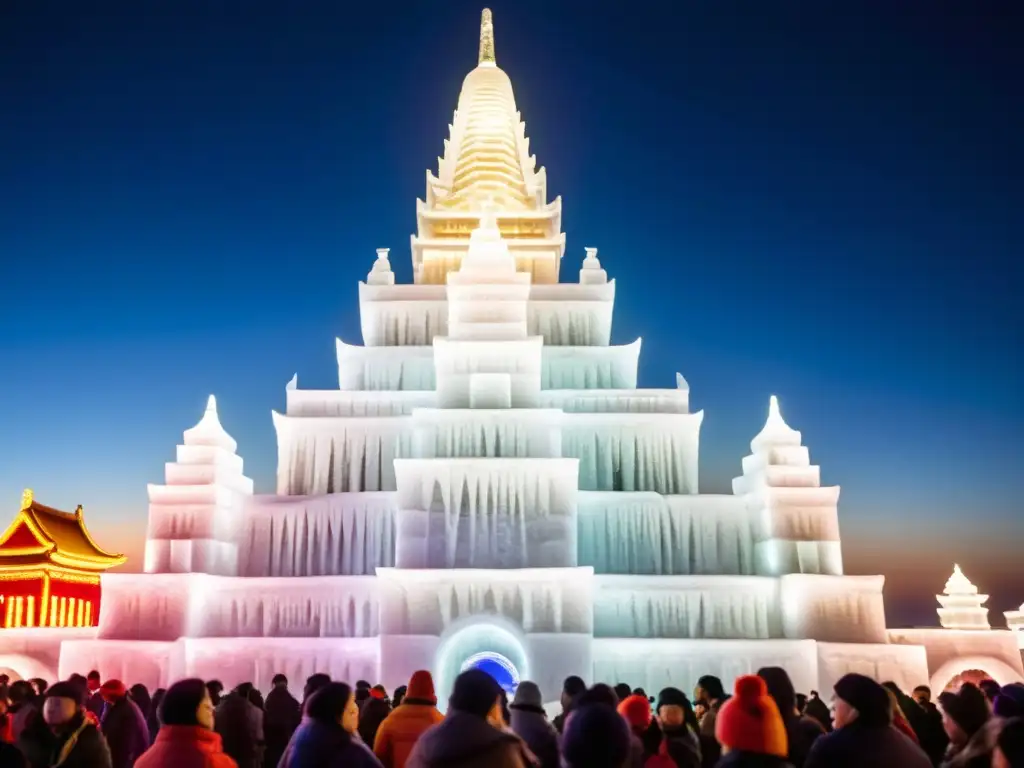 Patrones esculturales en el Festival de Harbin: una imagen vintage de una majestuosa escultura de hielo iluminada por luces coloridas en la noche, resaltando sus detalles intrincados y reflejos en el hielo