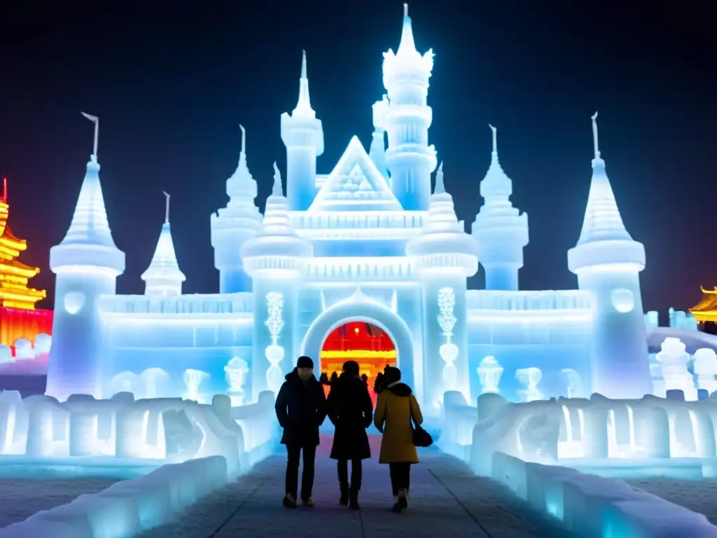 Patrones esculturales en el Festival de Harbin: Fotografía vintage de impresionantes esculturas de hielo iluminadas por luces coloridas