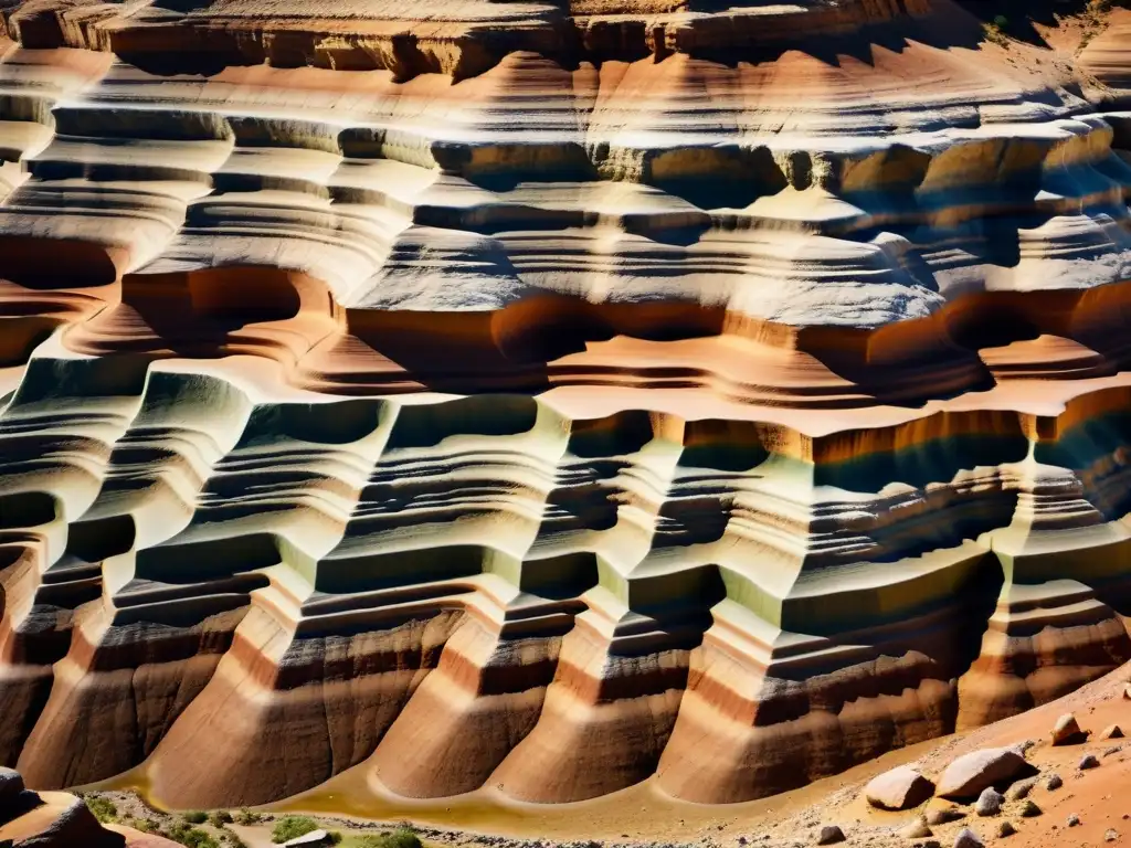 Patrones en estratificación de rocas sedimentarias: Fotografía vintage de capas de roca con texturas, tonos terrosos y sutiles fósiles