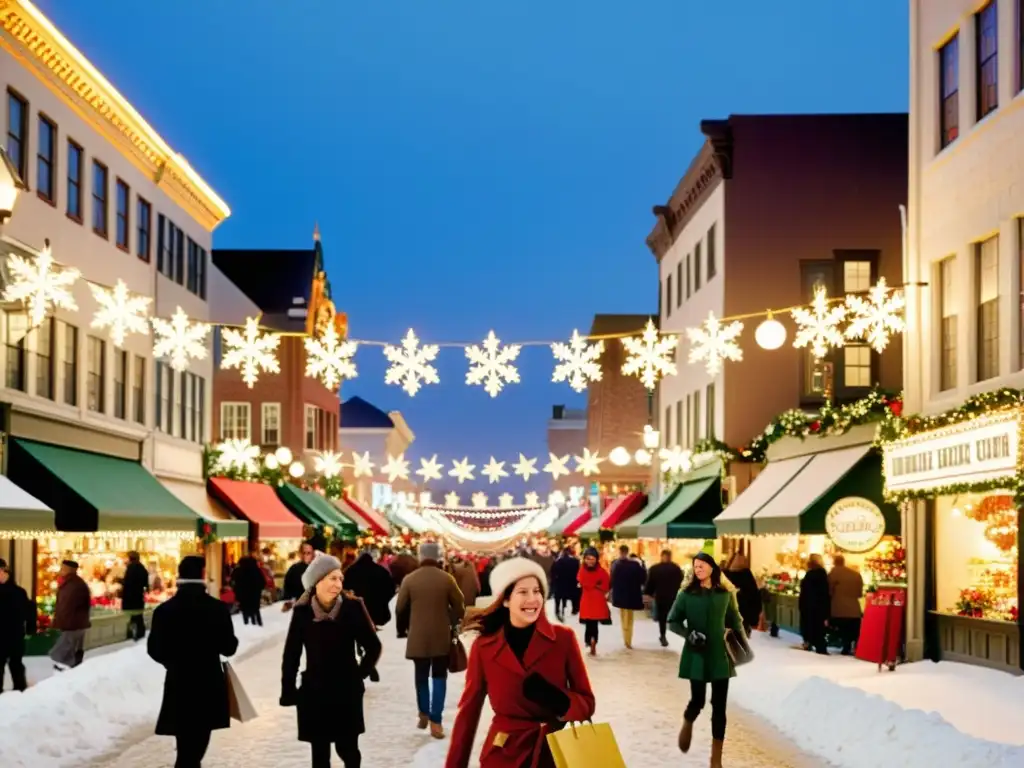 Patrones festivos para campañas de marketing: Una calle de la ciudad decorada con luces, guirnaldas y banners coloridos