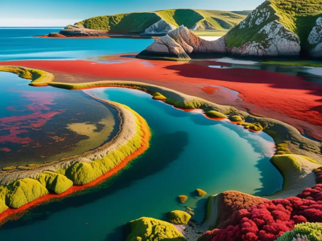 Patrones de floraciones de algas en paisaje costero vintage con algas rojas vibrantes y detallados, playas rocosas y cielo azul