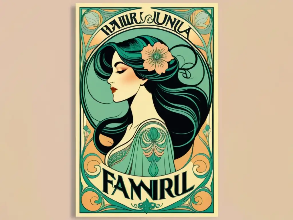 Vintage póster Art Nouveau con patrones florales impactantes y figura femenina, reflejando el impacto del art nouveau en patrones