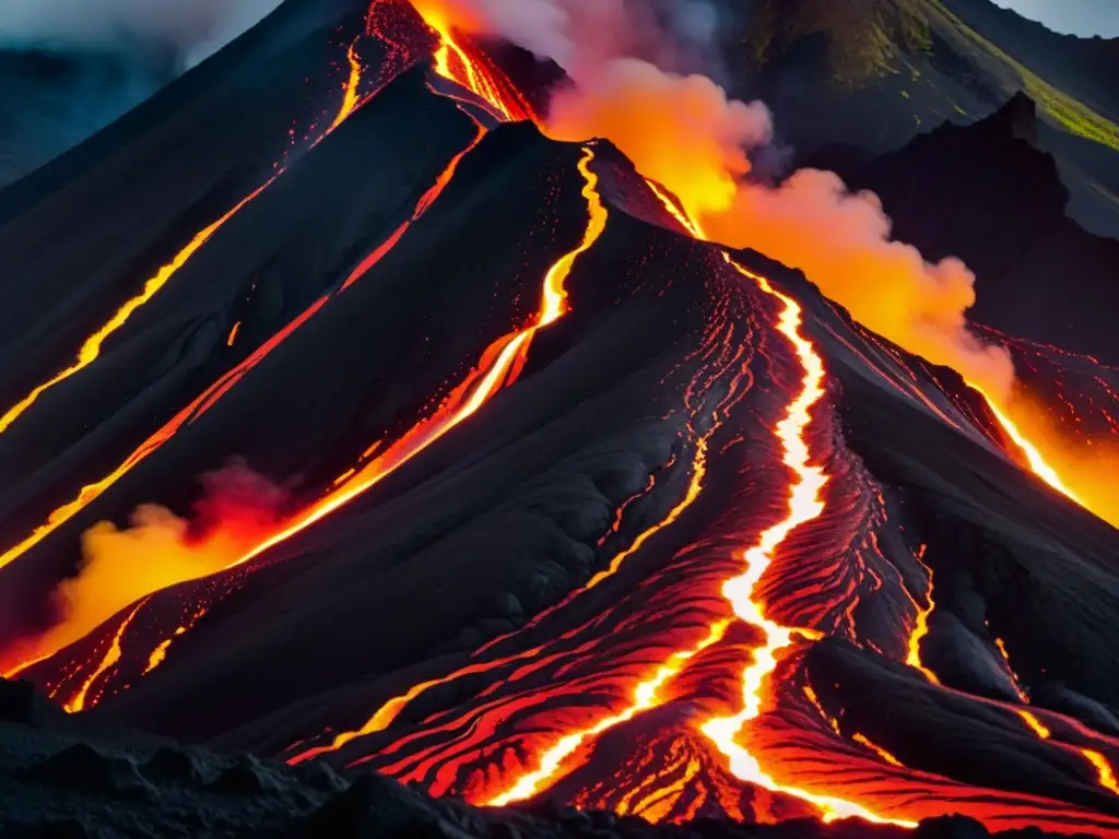 Patrones de flujo de lava en un paisaje volcánico, con texturas detalladas y colores brillantes de roca fundida en movimiento fluido y caliente