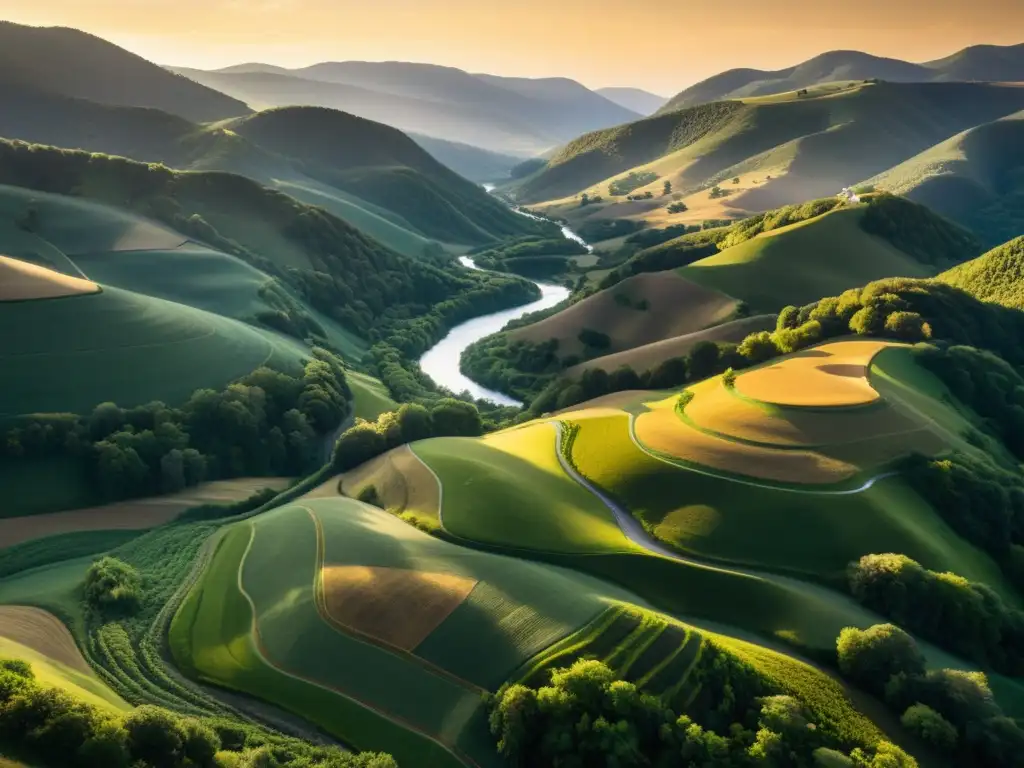 Patrones fotográficos de paisajes naturales: Sereno paisaje natural con juego de luces y sombras en colinas, ríos y bosques, bañados por el cálido atardecer