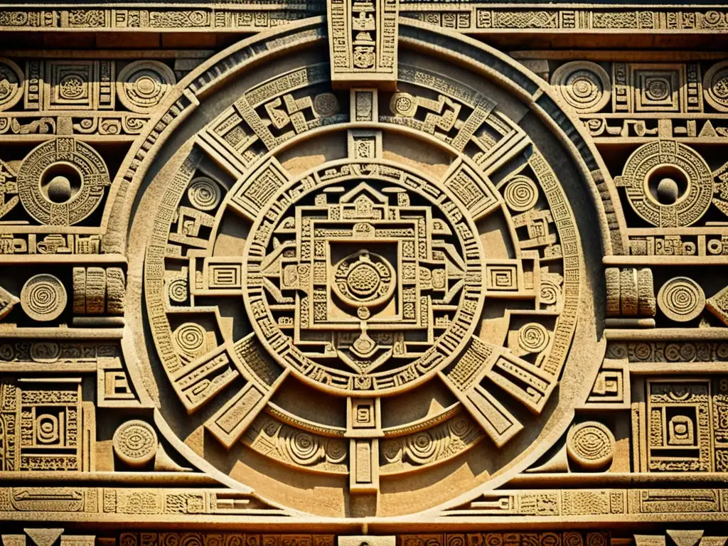 Patrones fractales en arquitectura ancestral: Detalles geométricos de un templo maya, capturando su belleza histórica y artística