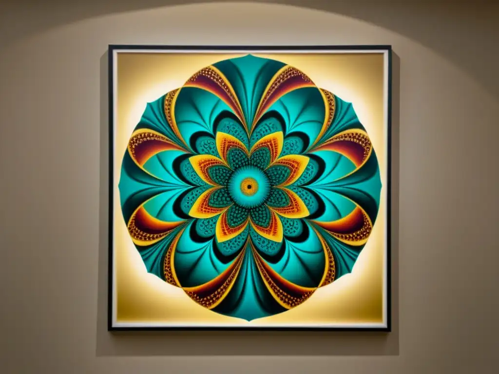 Patrones fractales en el arte: Fotografía vintage de una obra fractal en una elegante galería, con intrincados diseños y colores vibrantes