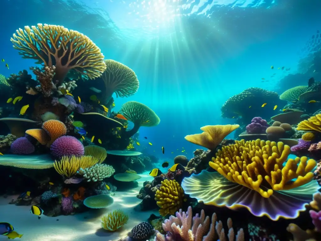 Patrones fractales en realidad virtual: Detalle de un vibrante arrecife de coral con vida marina diversa, bañado por la luz solar en el agua