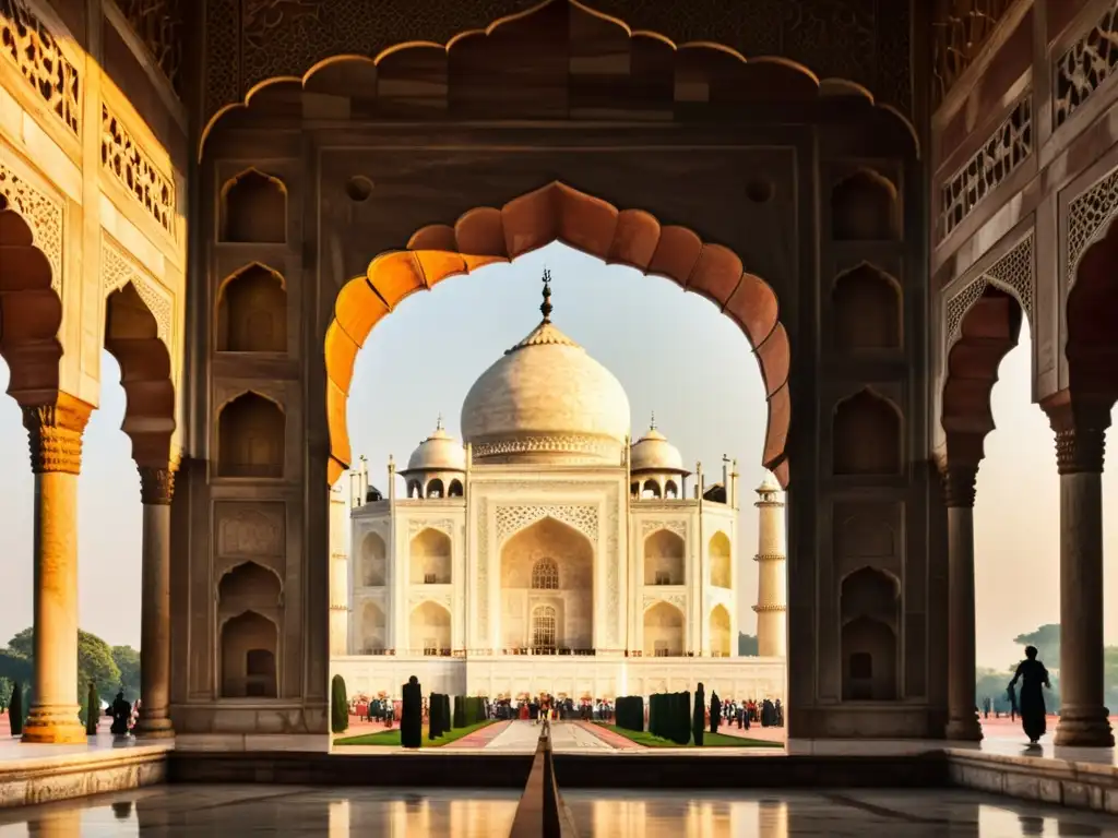 Patrones geométricos arquitectura India en la fachada del Taj Mahal, con detalles meticulosos y una atmósfera de belleza atemporal