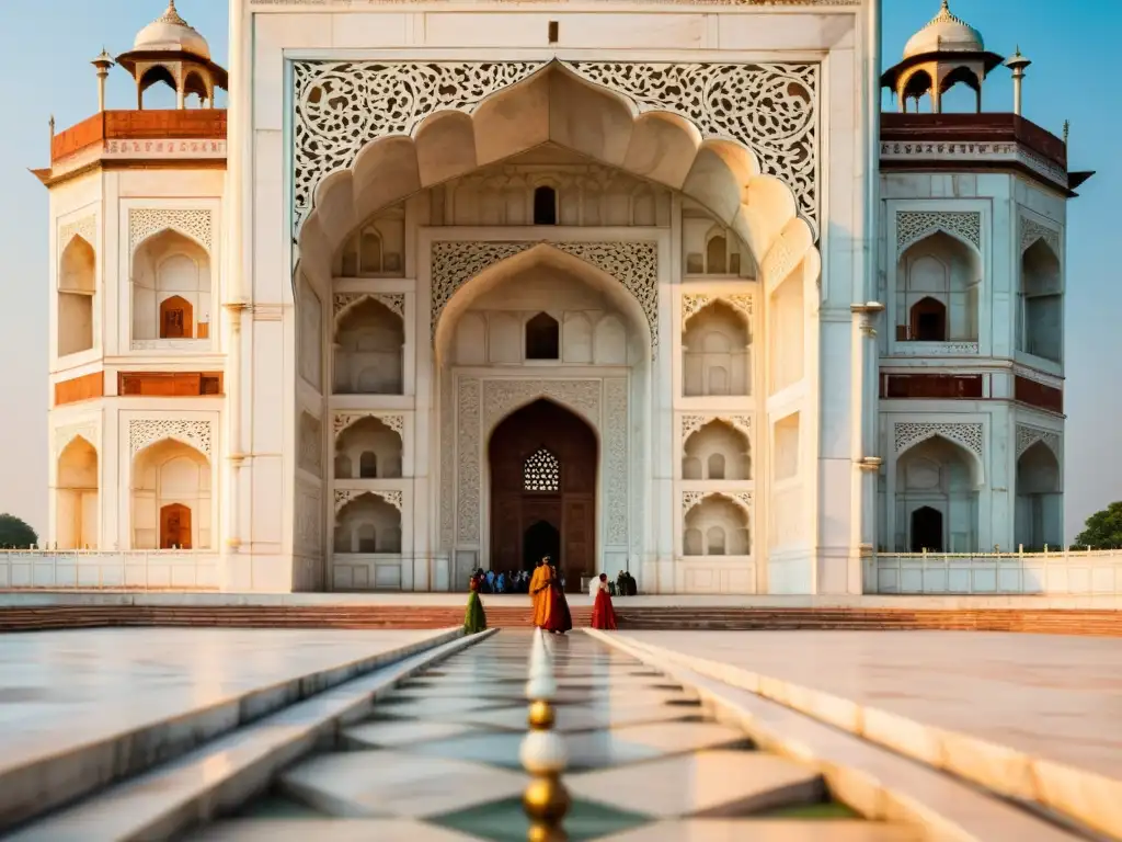 Patrones geométricos de la arquitectura India en el Taj Mahal, bañados por la cálida luz del sol, creando una belleza simétrica hipnótica