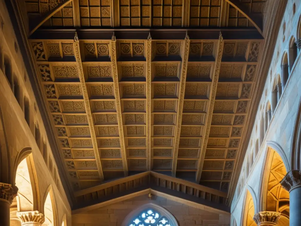 Patrones geométricos en la arquitectura medieval: Detalle del techo de la catedral, juego de luces y sombras en piedra envejecida