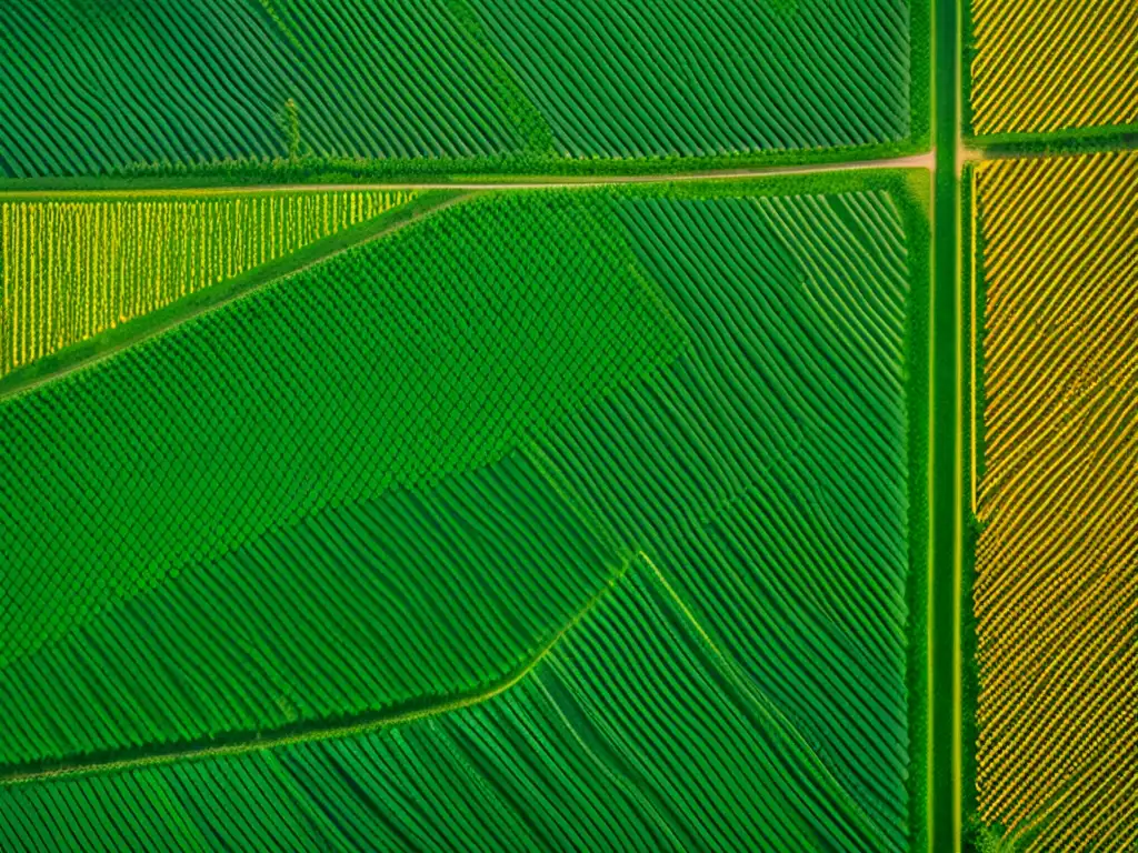 Patrones geométricos en campos de cultivo, vista aérea vintage de diseños agrícolas fascinantes