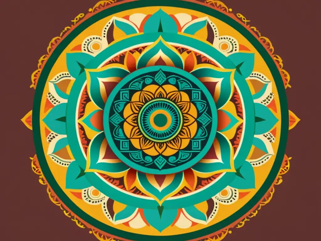 Una mandala vintage con patrones geométricos y colores terrosos, rodeada de elementos florales