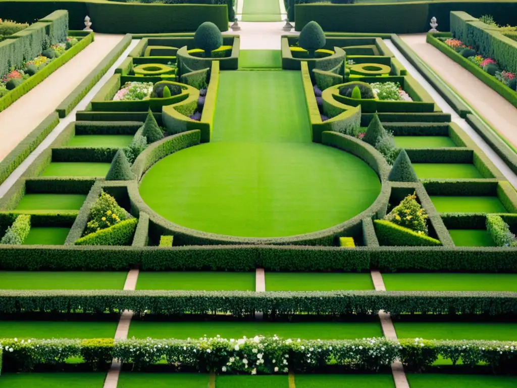 Patrones geométricos en jardines franceses: Fotografía en blanco y negro de un jardín formal francés, con diseño armonioso y elegante