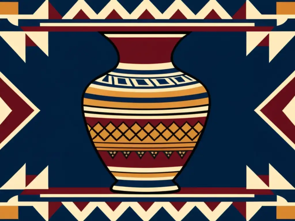 Arte tradicional: Patrones geométricos en vasija Una ilustración vintage de patrones geométricos adornando un objeto cultural, con simbolismo e historia en tonos terrosos y toques de burdeos e índigo