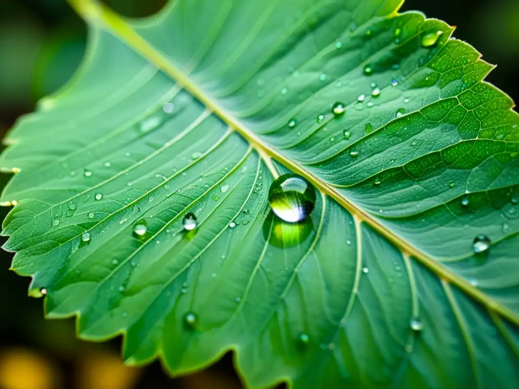 Patrones de gotas en plantas: Detalle vintage de gotas de agua en una hoja verde, creando un patrón hipnótico de círculos y líneas