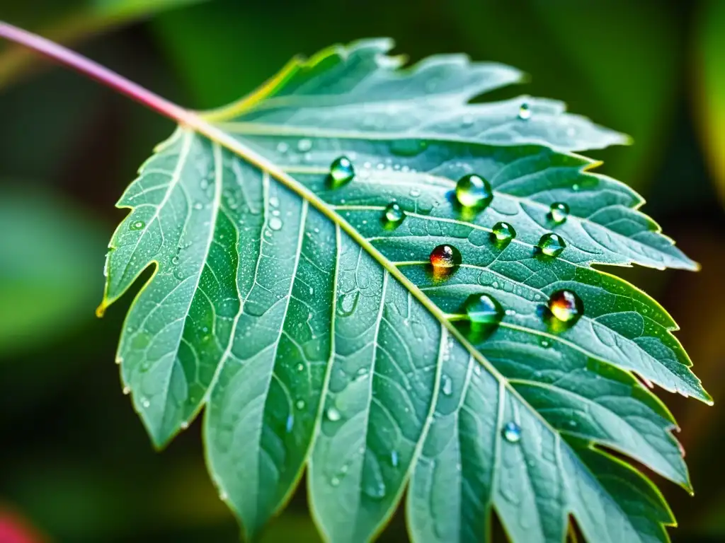 Patrones de gotas en plantas: Detalle vintage de gotas de agua brillantes sobre una hoja verde, creando un arcoíris diminuto