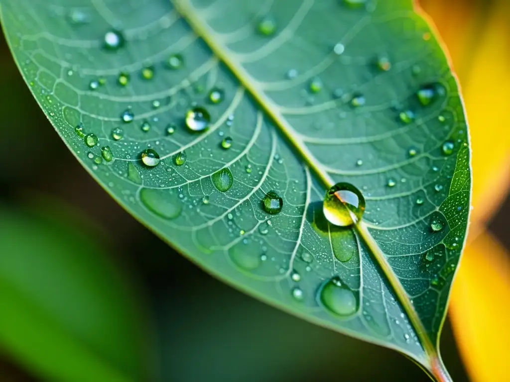 Patrones de gotas en plantas: Una foto vintage de gotas de rocío en una hoja, reflejando la luz de la mañana y revelando su belleza única