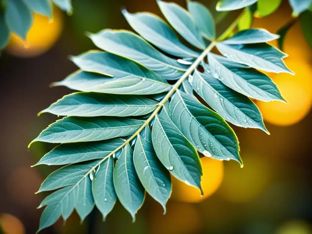 Patrones de gotas en plantas: Fotografía vintage de gotas de agua en hojas, con luz solar filtrándose a través, creando un patrón de luz y sombras