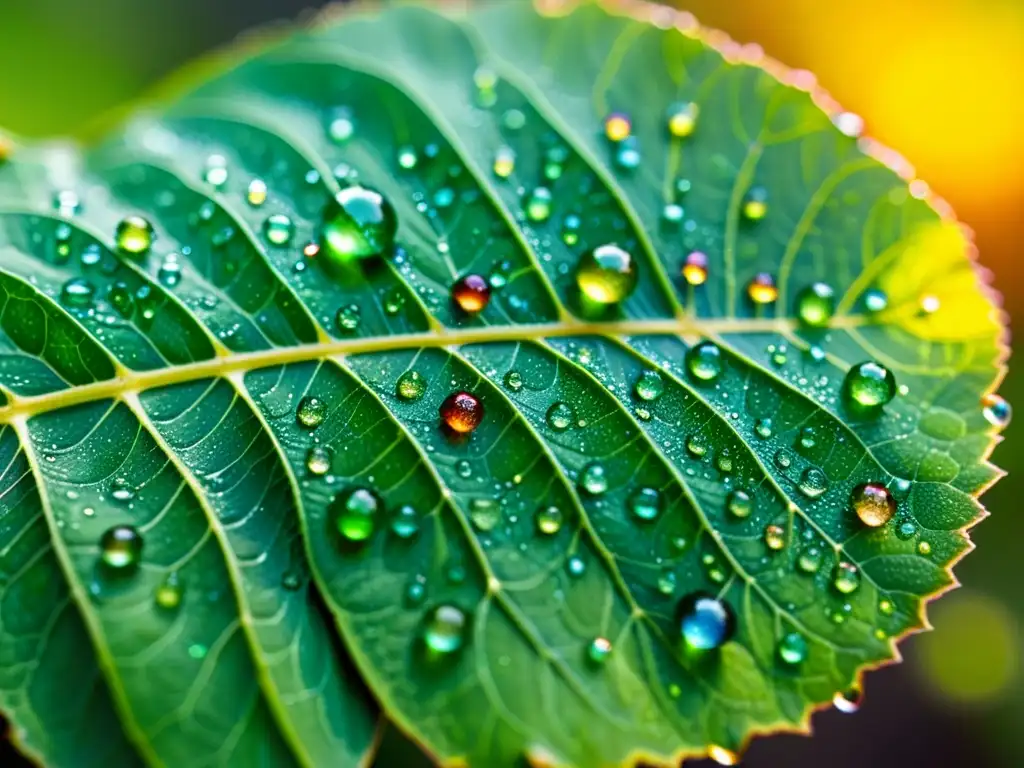 Patrones de gotas en plantas: Una hoja verde con delicadas gotas de rocío, reflejando la luz del sol y creando un mosaico de colores y sombras