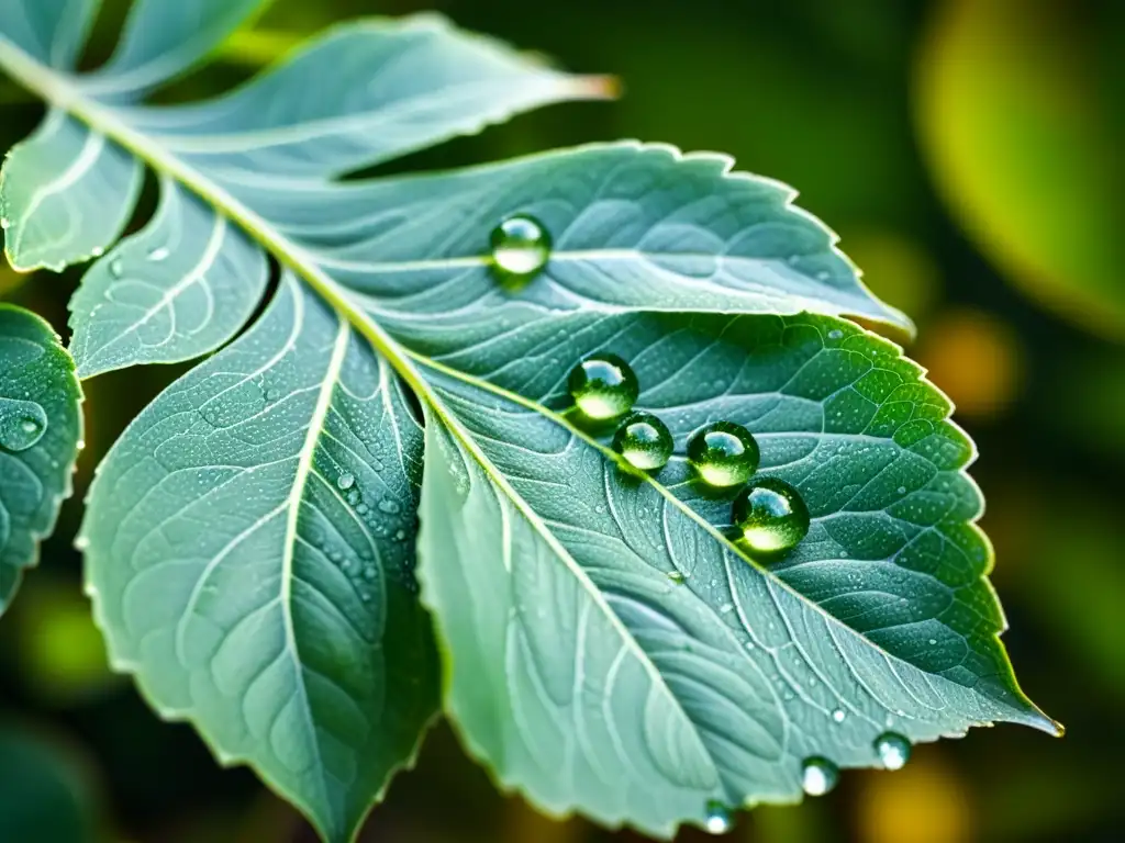 Patrones de gotas en plantas: Fotografía vintage de hojas con gotas de agua, reflejando la luz suave entre el follaje