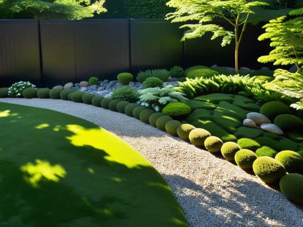 Jardín zen con patrones de gravilla y rocas, rodeado de árboles cubiertos de musgo