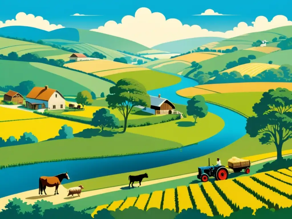 Patrones de herencia y desarrollo rural: una ilustración vintage de paisaje rural con granjas tradicionales, colinas y un río sereno