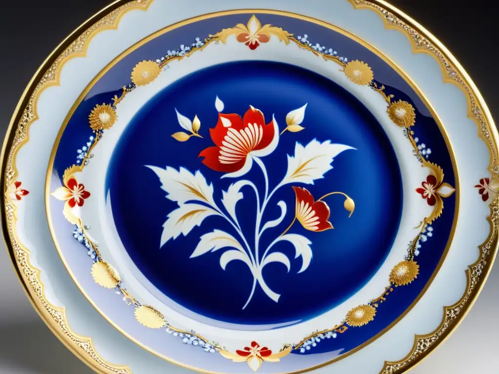 Patrones de porcelana Meissen Europa: Detalle impresionante de plato vintage, con intrincados diseños europeos en azul, rojo y dorado