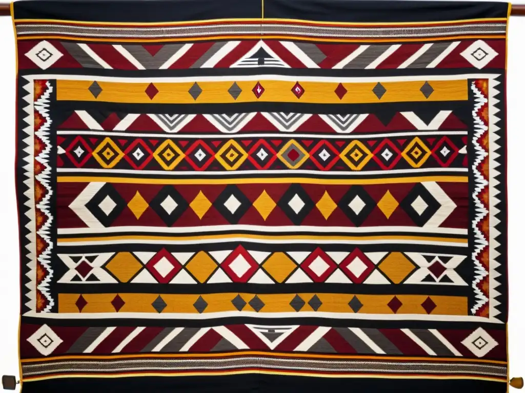 Patrones indígenas en gráficos contemporáneos: Textil tradicional con vibrantes tonos terrosos y símbolos culturales meticulosamente tejidos