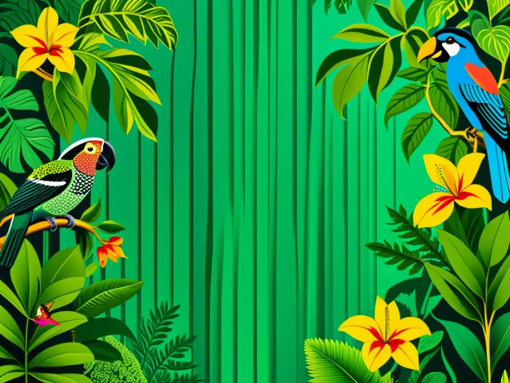 Patrones inspirados en la Amazonía: Ilustración detallada de la exuberante selva amazónica con flora, fauna y paisajes vibrantes