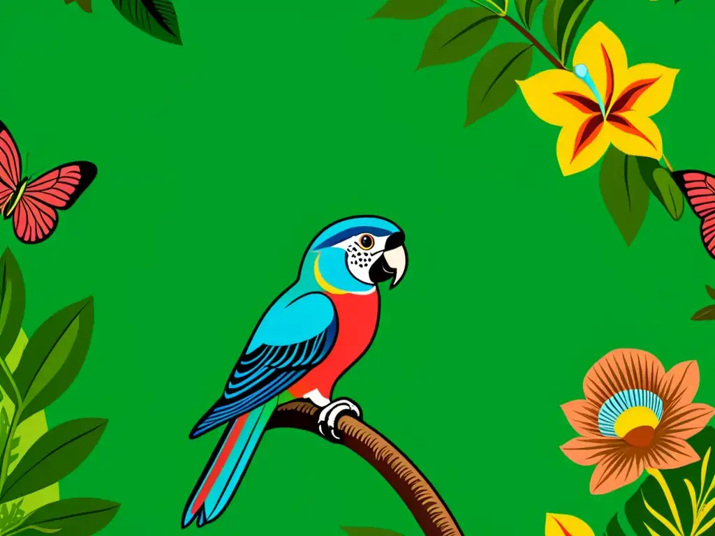 Patrones inspirados en la Amazonía: Ilustración detallada de flora y fauna amazónica en tonos verdes, marrones y colores vibrantes