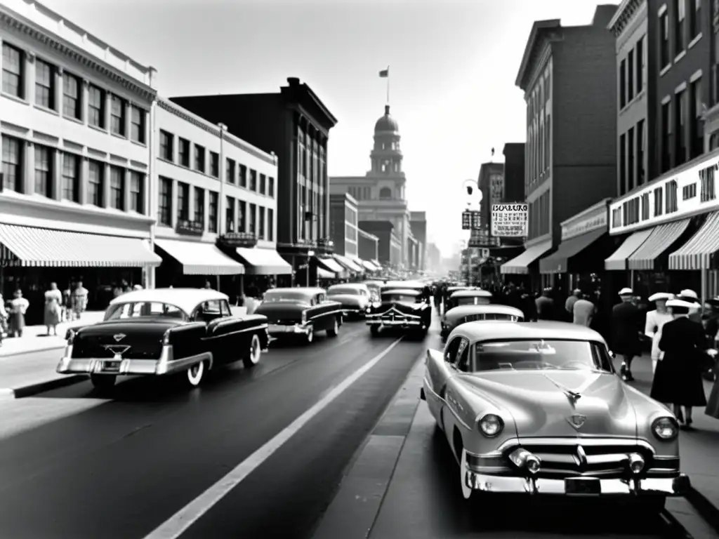 Patrones de interacción en zonas comerciales urbanas: escena urbana bulliciosa de los años 50 en blanco y negro, con multitudes y autos clásicos