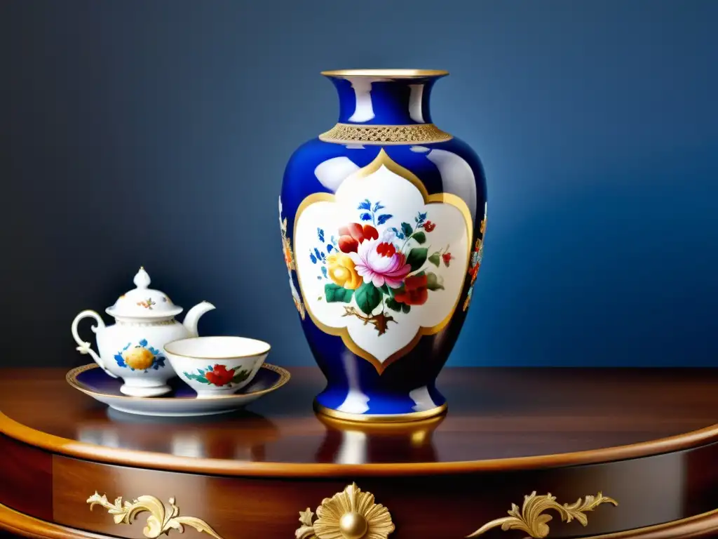 Patrones de porcelana Meissen Europa: Una ilustración vintage de un jarrón de porcelana Meissen con intrincados diseños florales pintados a mano en colores vibrantes como azul cobalto, rojo intenso y oro, sobre una mesa de madera ornamentada