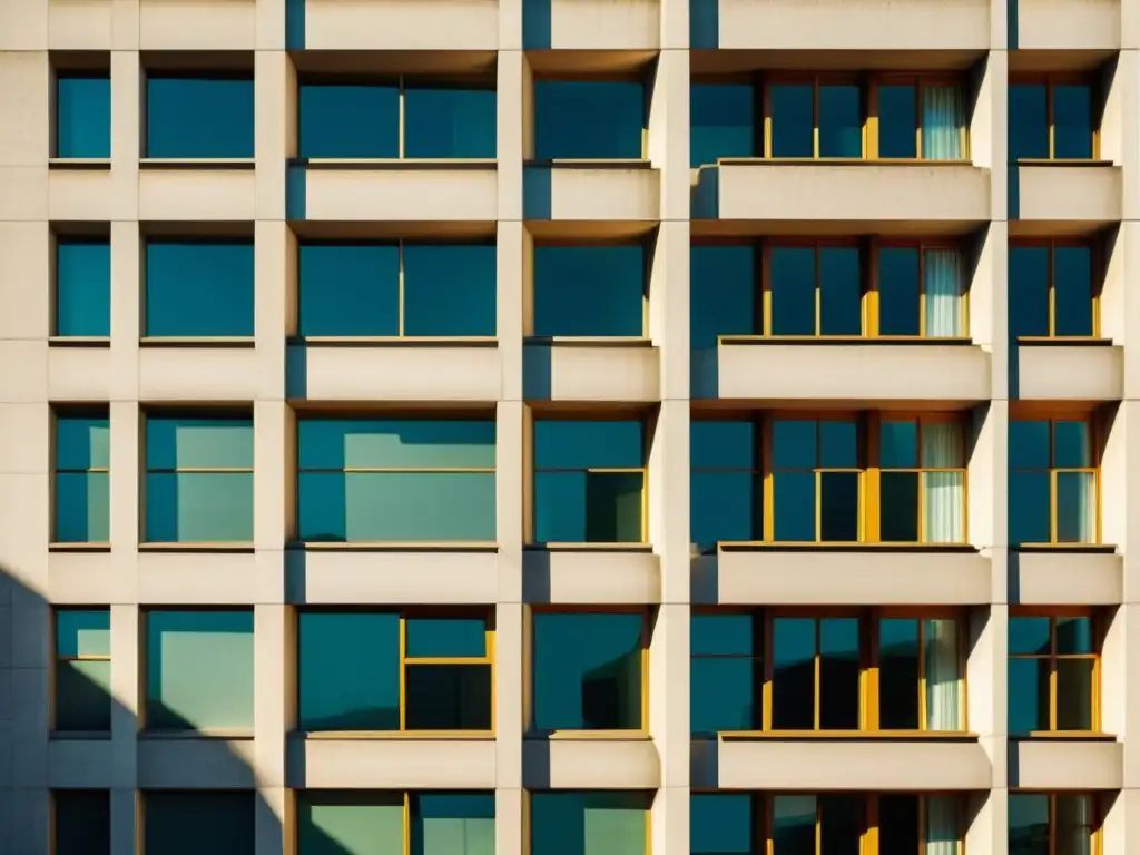 Patrones irregulares en edificaciones contemporáneas: fachada de concreto desgastado con ventanas asimétricas y juego de luces y sombras