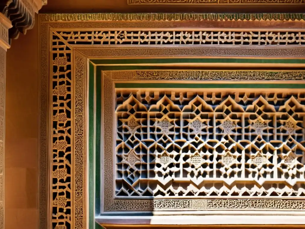 Patrones islámicos detallados en la Alhambra de Granada, con tonos cálidos que evocan historia y riqueza cultural