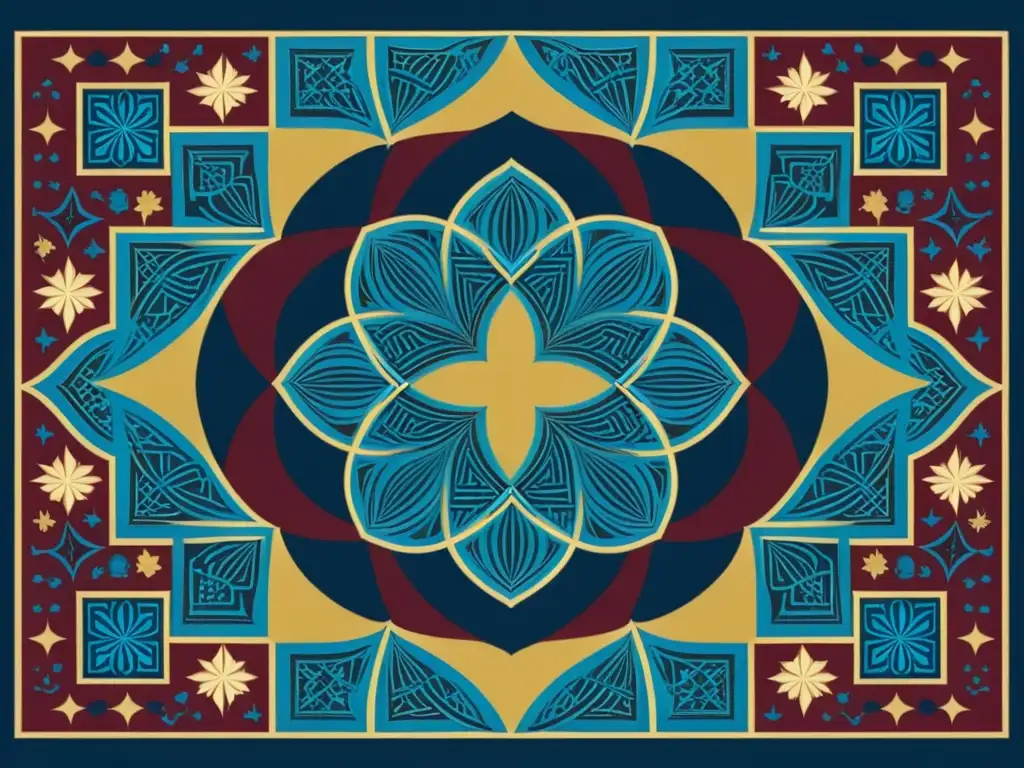 Patrones islámicos representación figurativa: Intrincado diseño geométrico con estrellas, arabescos y motivos florales en azul, oro y burdeos