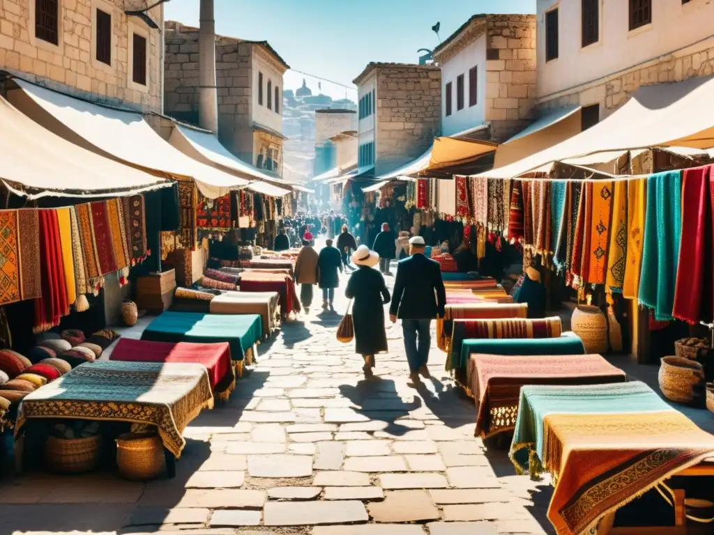 Patrones de kilims en Turquía: Fotografía vintage de un bullicioso bazar turco con vibrantes alfombras kilim y juego de luces y sombras