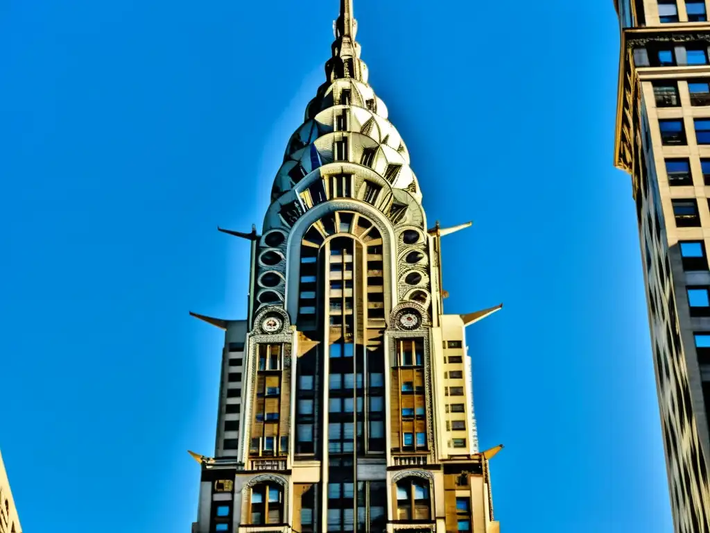 Chrysler Building en Nueva York, con patrones lineales en su fachada, bajo el cielo azul